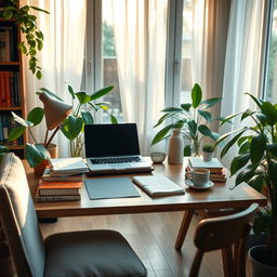 A serene and inviting study space featuring a cozy wooden desk adorned with books, a laptop, and a steaming cup of coffee, surrounded by lush green plants and soft, warm lighting