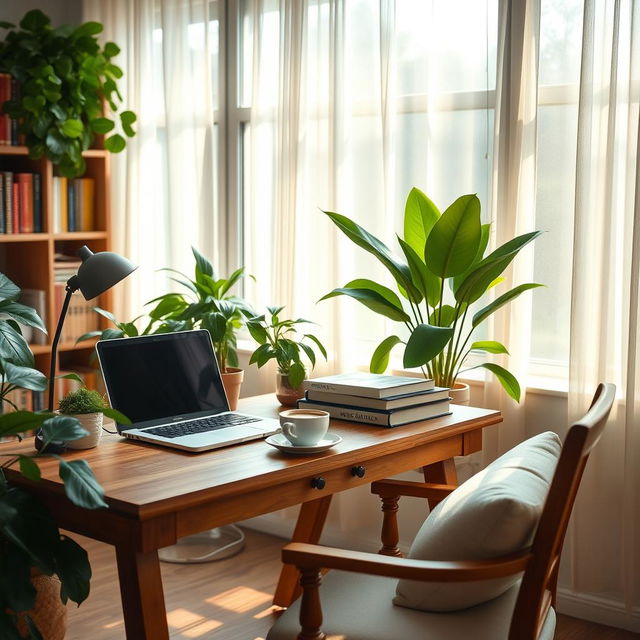 A serene and inviting study space featuring a cozy wooden desk adorned with books, a laptop, and a steaming cup of coffee, surrounded by lush green plants and soft, warm lighting