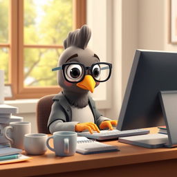 A cartoon-style 3D anthropomorphic pigeon sitting at a desk, intently using a computer
