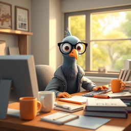 A cartoon-style 3D anthropomorphic pigeon sitting at a desk, intently using a computer