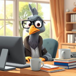 A cartoon-style 3D anthropomorphic pigeon sitting at a desk, intently using a computer