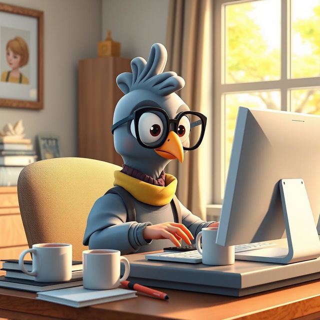 A cartoon-style 3D anthropomorphic pigeon sitting at a desk, intently using a computer