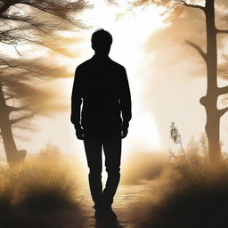 A high-resolution, realistic photograph capturing the back view of a young white male's silhouette, strolling in a stunning natural environment