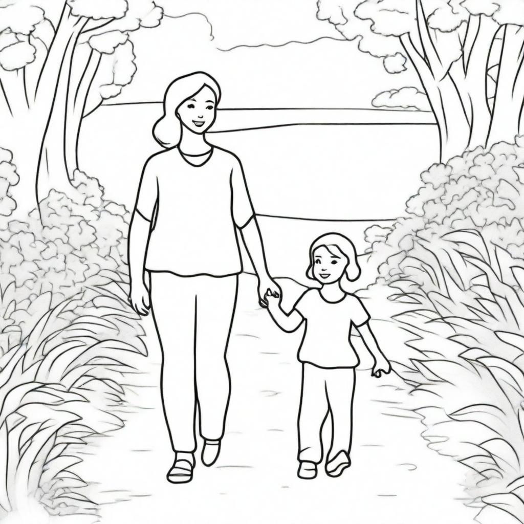 A high-quality coloring book page, featuring a heartwarming scene of a mother and child holding hands, walking together