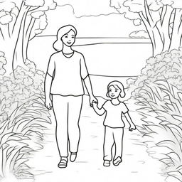 A high-quality coloring book page, featuring a heartwarming scene of a mother and child holding hands, walking together