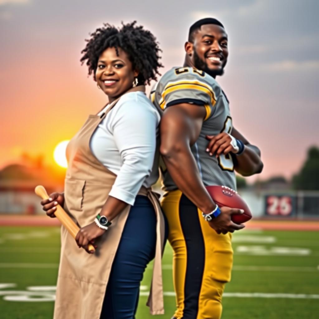 A plus-size African American female baker and a tall African American male football player standing back to back on a football field