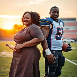 A plus-size African American female baker and a tall African American male football player standing back to back on a football field