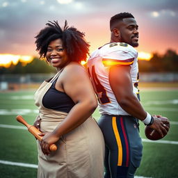 A plus-size African American female baker and a tall African American male football player standing back to back on a football field