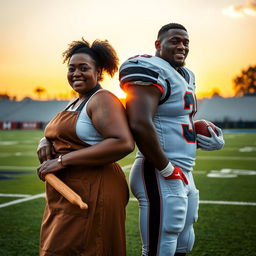 A plus-size African American female baker and a tall African American male football player standing back to back on a football field