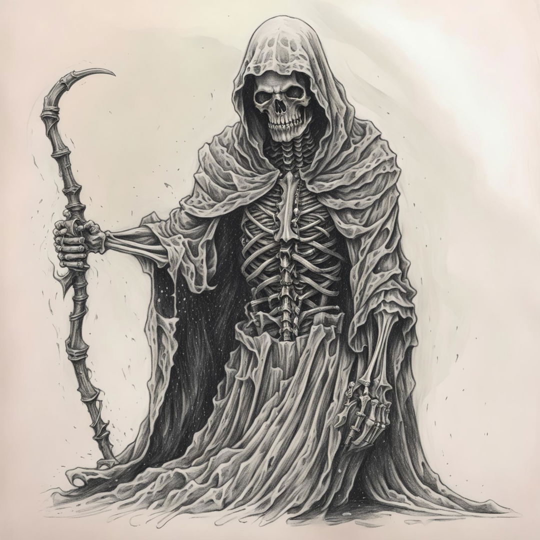 A lighter graphite pencil drawing of the Grim Reaper, more visually recognizable with traditional elements