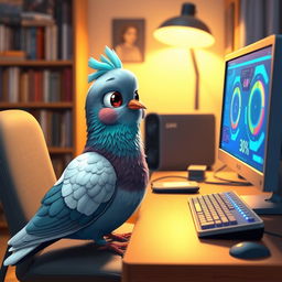 A highly detailed 3D anime-style pigeon sitting at a computer desk, engaging with a computer screen