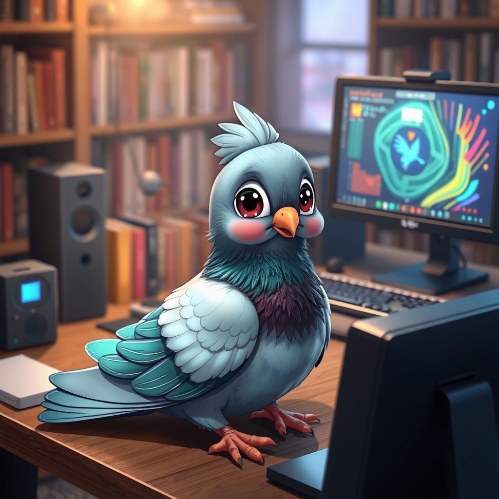 A highly detailed 3D anime-style pigeon sitting at a computer desk, engaging with a computer screen