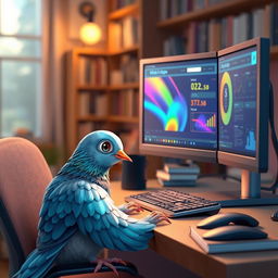 A highly detailed 3D anime-style pigeon sitting at a computer desk, engaging with a computer screen