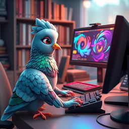 A highly detailed 3D anime-style pigeon sitting at a computer desk, engaging with a computer screen