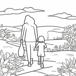 A high-quality coloring book page, featuring a heartwarming scene of a mother and child holding hands, walking together