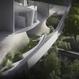 Detailed 3-D visualization of a meticulously planned modern architectural design, harmonized with its complex environment interacting with nature and urban spaces