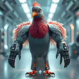 A 3D humanoid pigeon character with feathers, featuring human-like hands constructed from computer components, standing in a futuristic environment