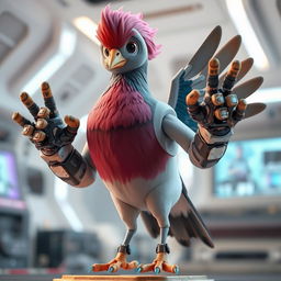 A 3D humanoid pigeon character with feathers, featuring human-like hands constructed from computer components, standing in a futuristic environment