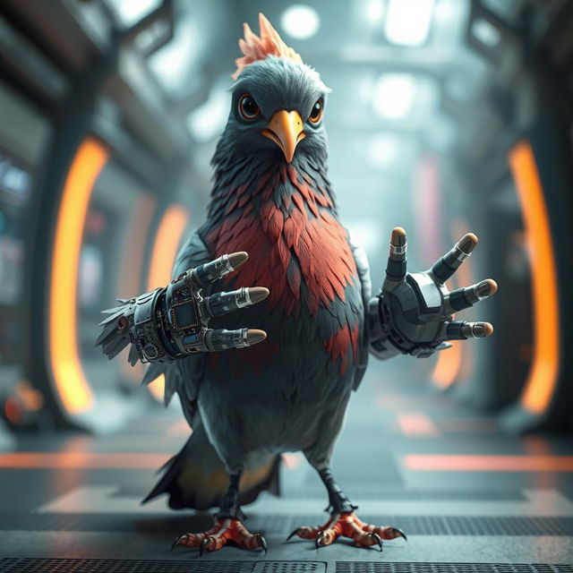 A 3D humanoid pigeon character with feathers, featuring human-like hands constructed from computer components, standing in a futuristic environment