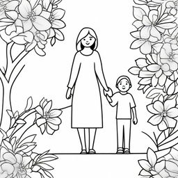 A high-quality coloring book page, featuring a heartwarming scene of a mother and child holding hands, walking together