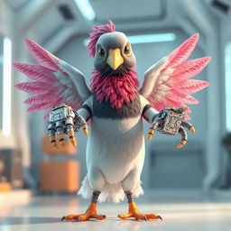A 3D humanoid pigeon character with feathers, featuring human-like hands constructed from computer components, standing in a futuristic environment