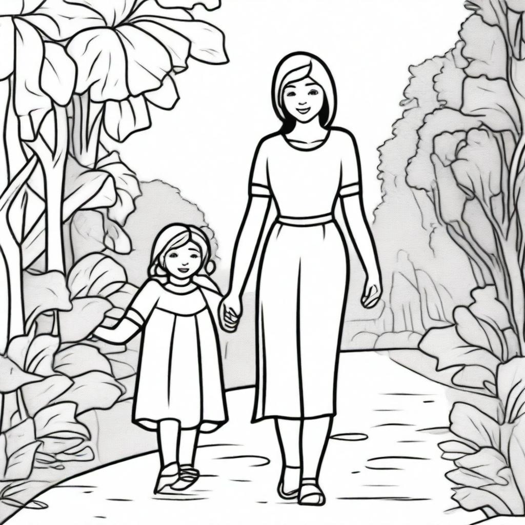 A high-quality coloring book page, featuring a heartwarming scene of a mother and child holding hands, walking together