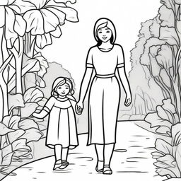 A high-quality coloring book page, featuring a heartwarming scene of a mother and child holding hands, walking together