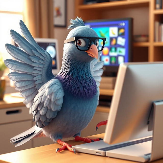 A 3D human-like pigeon using a computer, featuring feathered hands that resemble wings