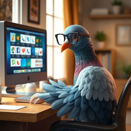 A 3D human-like pigeon using a computer, featuring feathered hands that resemble wings