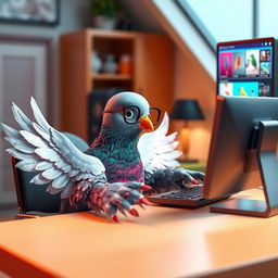 A 3D human-like pigeon using a computer, featuring feathered hands that resemble wings