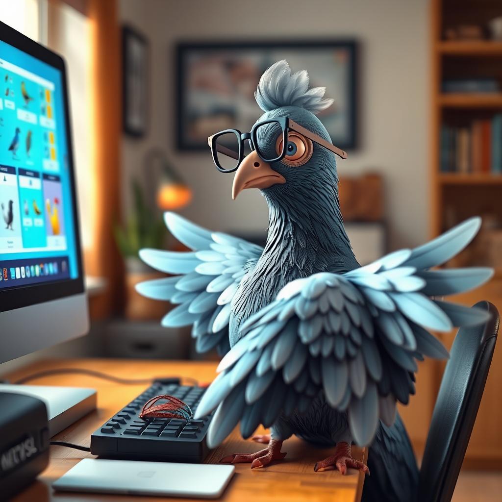 A 3D human-like pigeon using a computer, featuring feathered hands that resemble wings