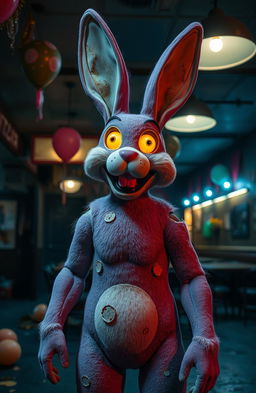 A creepy yet intriguing animatronic bunny resembling a vintage circus theme, standing in a dimly lit, abandoned pizzeria