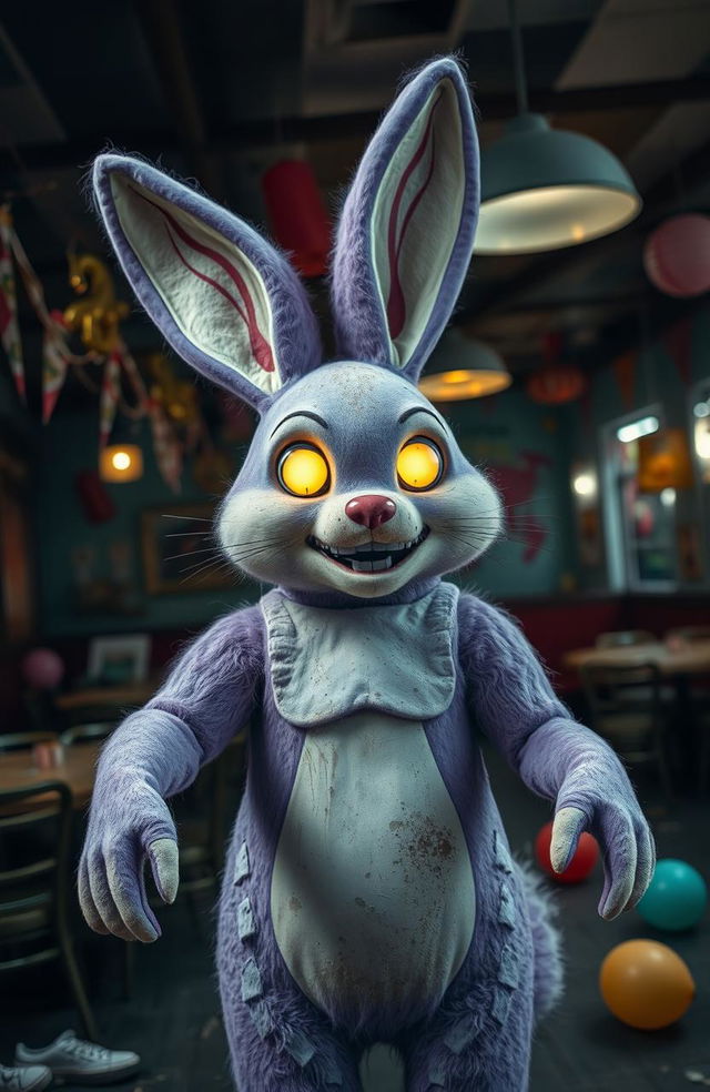 A creepy yet intriguing animatronic bunny resembling a vintage circus theme, standing in a dimly lit, abandoned pizzeria