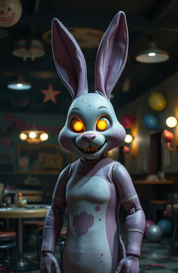 A creepy yet intriguing animatronic bunny resembling a vintage circus theme, standing in a dimly lit, abandoned pizzeria