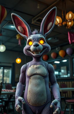 A creepy yet intriguing animatronic bunny resembling a vintage circus theme, standing in a dimly lit, abandoned pizzeria
