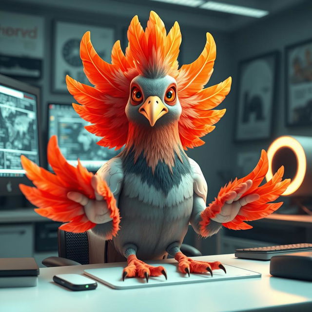 A futuristic 3D human-like pigeon sitting at a computer desk, showcasing unique feathered hands