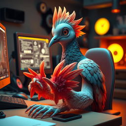 A futuristic 3D human-like pigeon sitting at a computer desk, showcasing unique feathered hands