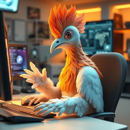 A futuristic 3D human-like pigeon sitting at a computer desk, showcasing unique feathered hands