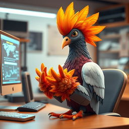 A futuristic 3D human-like pigeon sitting at a computer desk, showcasing unique feathered hands