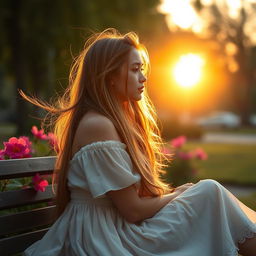 A poignant scene depicting a young woman named Hannah with flowing long hair, sitting on a bench in a serene park during golden hour