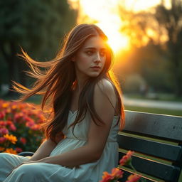 A poignant scene depicting a young woman named Hannah with flowing long hair, sitting on a bench in a serene park during golden hour