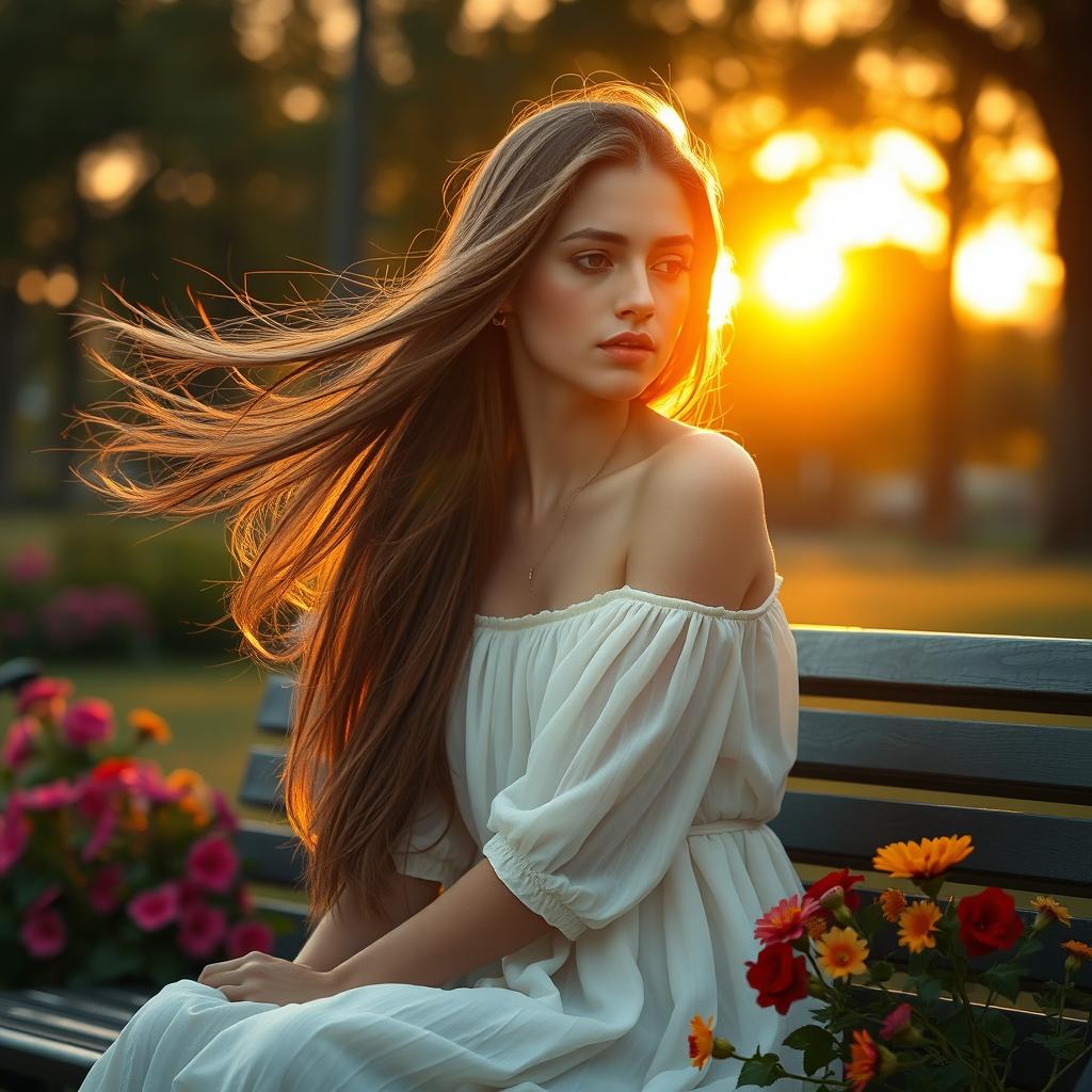 A poignant scene depicting a young woman named Hannah with flowing long hair, sitting on a bench in a serene park during golden hour