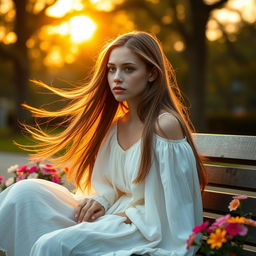A poignant scene depicting a young woman named Hannah with flowing long hair, sitting on a bench in a serene park during golden hour