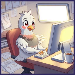 An anime-style illustration of a human-like pigeon sitting at a desk, intently using a computer