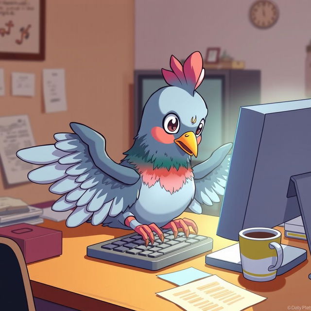 An anime-style illustration of a human-like pigeon sitting at a desk, intently using a computer