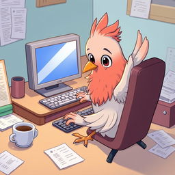 An anime-style illustration of a human-like pigeon sitting at a desk, intently using a computer