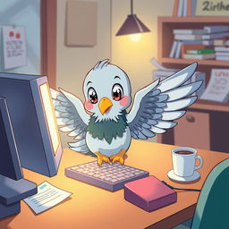 An anime-style illustration of a human-like pigeon sitting at a desk, intently using a computer