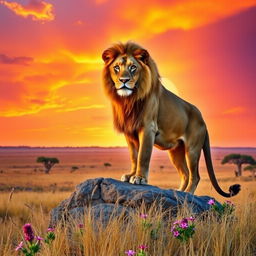 A majestic lion standing atop a rocky outcrop at sunset, with a golden mane shining in the warm light