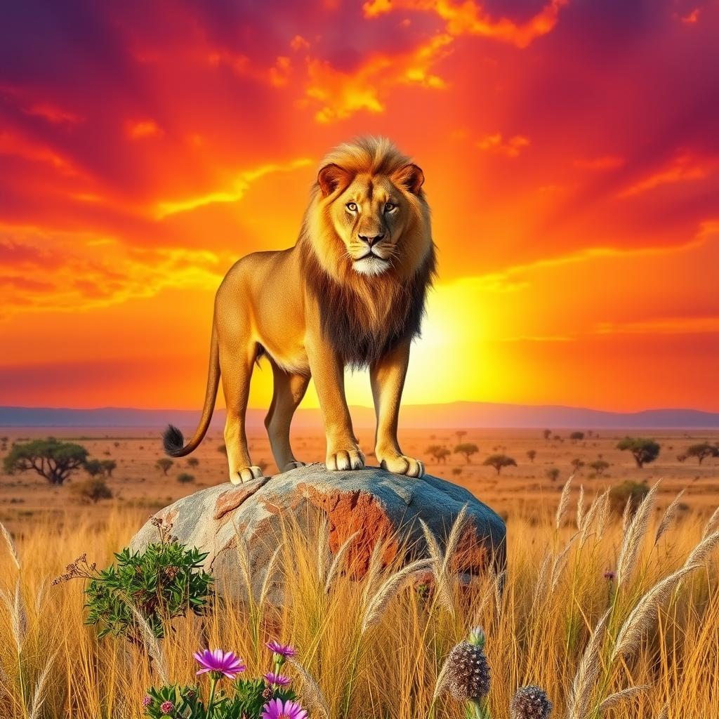 A majestic lion standing atop a rocky outcrop at sunset, with a golden mane shining in the warm light