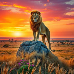 A majestic lion standing atop a rocky outcrop at sunset, with a golden mane shining in the warm light